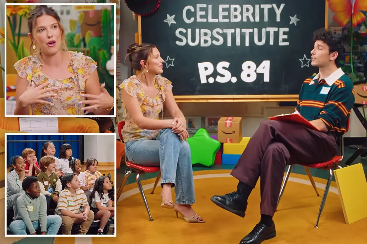 Aktris Stranger Things Millie Bobby Brown saat memberikan kejutan kelas akting kepada anak-anak sekolah di New York.